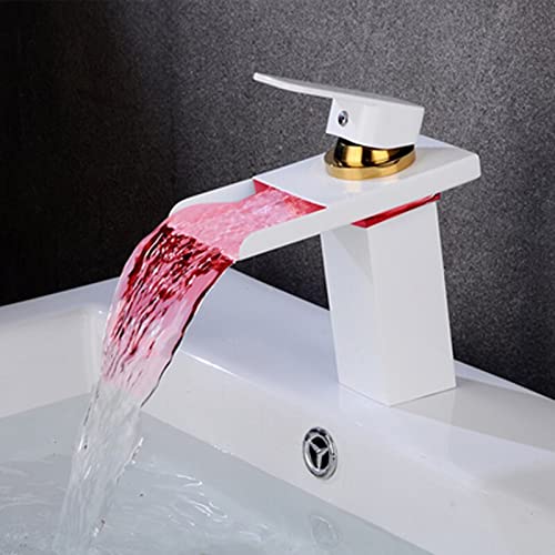 LED-Waschtischarmaturen, weißes Messing, Wasserfall, Waschbecken, Wasserhahn, Einhebelloch, Deck, Vintage, Waschen, Heiß- und Kaltmischarmaturen, Kran (weiß) von SSDXFJZR