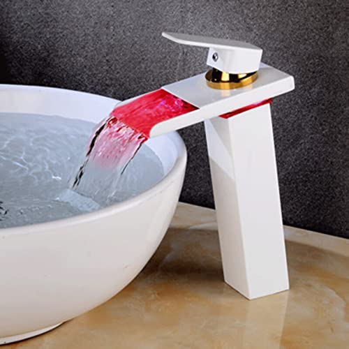 LED-Waschtischarmaturen, weißes Messing, Wasserfall, Waschbeckenarmatur, Einhandloch, Deck, Vintage-Stil, Warm- und Kaltmischbatterien, Kran (Weiß 3) von SSDXFJZR