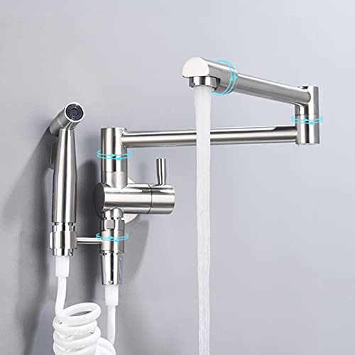 Topffüller, Wandmontage, einzelner Kaltwasserhahn mit Seitensprüher, Messing, Einhandgriff, zusammenklappbar, Küchenspüle, Wasserhahn mit Doppelgelenk-Schwenkarm, Schwarz (gebürstet) von SSDXFJZR