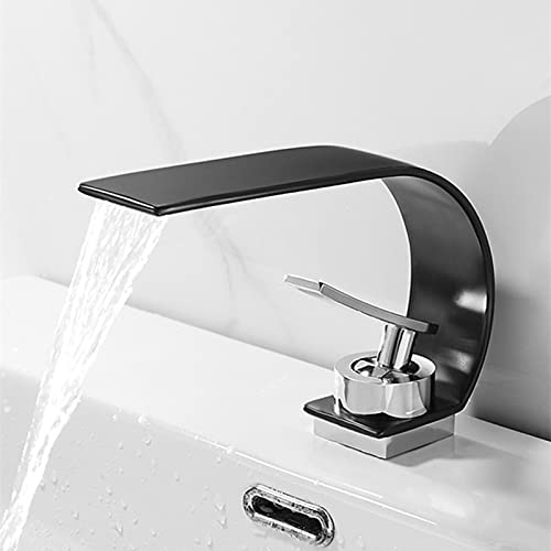 Waschtischarmatur, moderner Wasserfall, Badezimmer, massives Messing, Einhandgriff, heiß und kalt, Badezimmer-Waschbecken-Mischbatterie, Einloch-Waschtischarmatur, Weiß (Schwarz Chrom) von SSDXFJZR