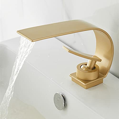 Waschtischarmatur, moderner Wasserfall, Badezimmer, massives Messing, Einhandgriff, heiß und kalt, Badezimmer-Waschbecken-Mischbatterie, Einloch-Waschtischarmatur, Weiß (gebürstetes Gold) von SSDXFJZR