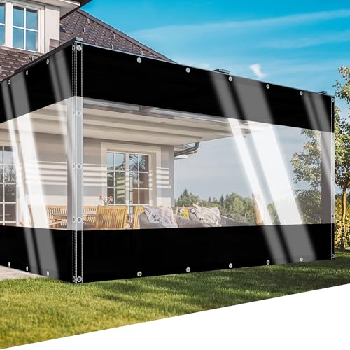 SSFMSF Transparent Plane mit Ösen Winddicht Vorhang 0.5mm Wasserdichter Plane Kälteschutz für Garten Pavillon Terrassen Balkon Gewächshäuser Veranda. (H:2.5m*W:3.8m | 500g/m²) Schwarz+Glasklar von SSFMSF