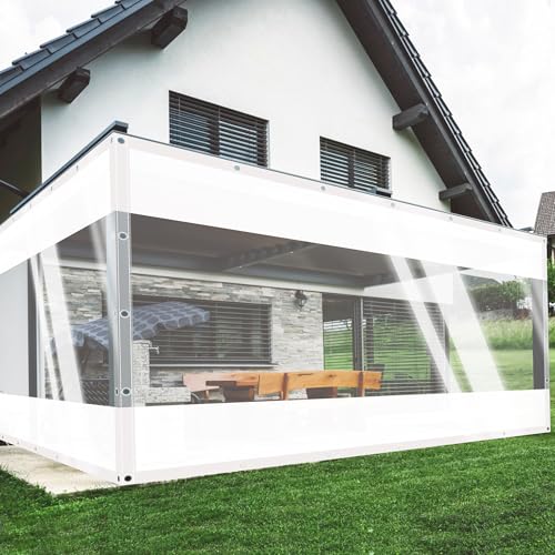 SSFMSF Transparente Plane PVC Winddicht Vorhang Abdeckplane Wasserfest 0.5mm Outdoorvorhänge mit Ösen Windschutz für Garten Pavillon Balkon Veranda Pergola. (H:2.7m*W:4.8m | 500g/m²) Weiß+Glasklar von SSFMSF