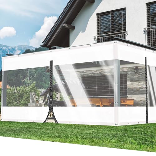 SSFMSF Transparente Plane PVC Winddicht Vorhang Abdeckplane Wasserfest 0.5mm mit 1 Reißverschlus mit Ösen Windschutz für Garten Pavillon Balkon Veranda Deck. (H:2.5m*W:3m | 500g/m²) Weiß+Glasklar von SSFMSF