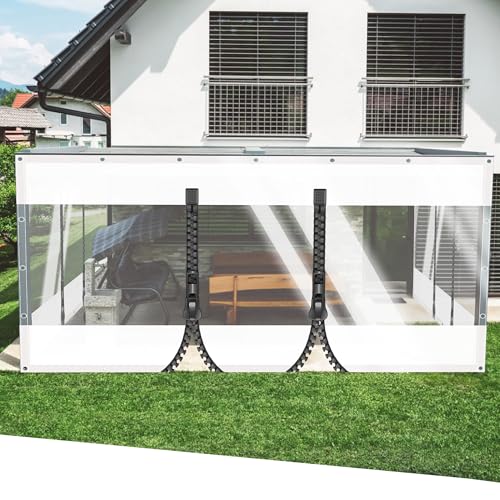 SSFMSF Transparente Plane PVC Winddicht Vorhang Abdeckplane Wasserfest 0.5mm mit 2 Reißverschlüssen mit Ösen Windschutz für Garten Pavillon Balkon Garage Deck. (H:2.1m*W:2.8m | 500g/m²) Weiß+Glasklar von SSFMSF