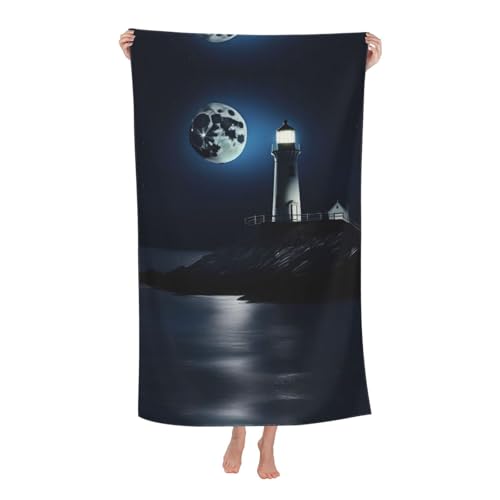 SSGVLPTO Mikrofaser-Badetuch mit Mondschein-Leuchtturm-Druck, weiches Strandtuch, geeignet für Pool, Reisen, Strandkorb, Weiß von SSGVLPTO