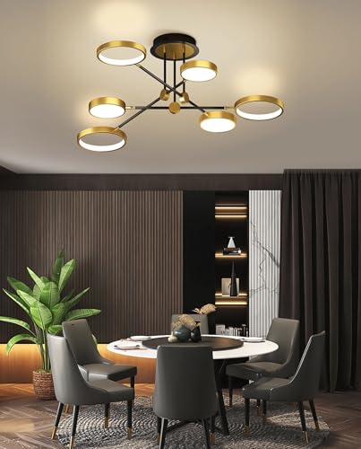 Moderne LED Deckenleuchte Runde Deckenlampe Metall Deckenhalterung Verstellbare Arme mit Fernbedienung Dimmbare Deckenleuchten für Wohnzimmer Essbereich Stilvolle Einrichtung (Gold, 6 Köpfe) von SSHIRUYI