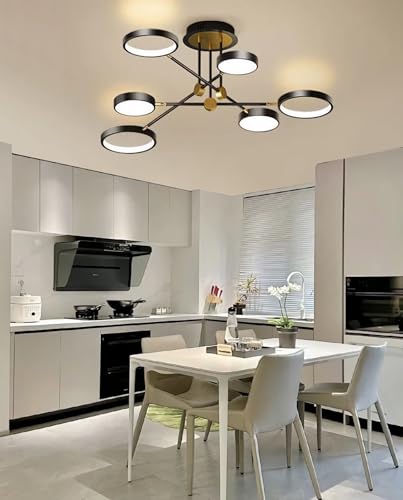 Moderne LED Deckenleuchte Runde Deckenlampe Metall Deckenhalterung Verstellbare Arme mit Fernbedienung Dimmbare Deckenleuchten für Wohnzimmer Essbereich Stilvolle Einrichtung (Schwarz, 6 Köpfe) von SSHIRUYI