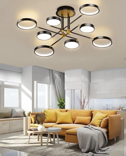 Moderne LED Deckenleuchte Runde Deckenlampe Metall Deckenhalterung Verstellbare Arme mit Fernbedienung Dimmbare Deckenleuchten für Wohnzimmer Essbereich Stilvolle Einrichtung (Schwarz, 8 Köpfe) von SSHIRUYI