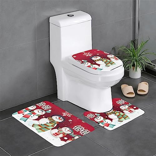 Badezimmerteppich-Set, Motiv: Frohe Weihnachten, niedlicher Schneemann, eleganter Badezimmerteppich, U-förmiger Teppich, WC-Deckelbezug, Dekor von SSIMOO
