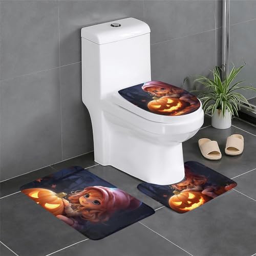 Halloween-Badezimmerteppich-Set mit niedlichem Kürbis, eleganter Badezimmerteppich, U-förmiger Teppich, WC-Deckelbezug von SSIMOO