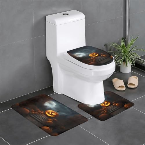 Halloween-Kürbis-Badezimmerteppich-Set, elegante Badezimmermatte, U-förmiger Teppich, WC-Deckelbezug, Dekor von SSIMOO