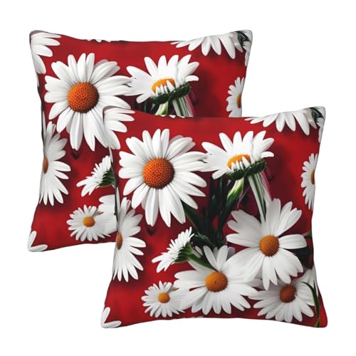 Quadratische dekorative Kissen mit roten Blumen und weißen Gänseblümchen, perfekt für Sofas, Autositze und mehr, eine Mischung aus Stil und Komfort von SSIMOO