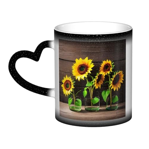 SSIMOO Drei Sonnenblumen auf Holz-Keramik-Farbwechsel-Tasse, wärmeempfindliche Kaffeetasse mit einzigartigem reaktivem Design von SSIMOO