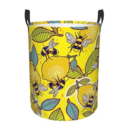 Vielseitiger einlagiger, runder Wäschekorb, Zitronen- und Bienen-Motiv, strapazierfähiger Oxford-Stoff, Gelb von SSIMOO