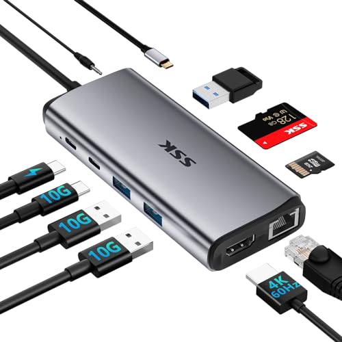 SSK USB C Hub Ethernet (10 in 1), 10 Gbit/s USB C Splitter Multiport-Adapter mit 4K60 Hz HDMI, 10 Gbit/s USB C und 2 USBA, 100 W PD, Ethernet, SD/TF USB3.2 Gen 2 Thunderbolt Dock SSK USB C Hub Ethernet (10 in 1), 10 Gbit/s USB C Splitter Multiport-Adapter mit 4K60 Hz HDMI, 10 Gbit/s USB C und 2 USBA, 100 W PD, Ethernet, SD/TF USB3.2 Gen 2 Thunderbolt Dock von SSK