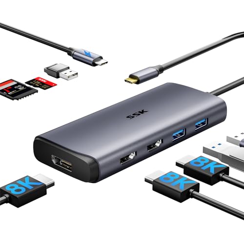 SSK USB C Docking Station 3 Monitore, 9 in 1 Single 8K/Dual 4K60Hz USB C Hub DisplayPort Dock mit 2 HDMI-Anschlüssen, Displayport, 100 W PD, 3 USBs, SD/TF, Laptop Dockingstation für MacBook Pro von SSK