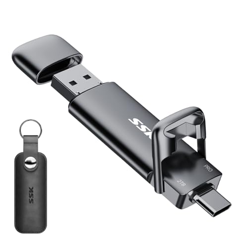 SSK USB C Externe SSD 2TB, mit bis zu 1000MB/s, Extreme Schneller Solid State Drive, Dual-USB Typ C + USB A USB3.2 Gen2 Datenspeicher für Android-Telefon, Laptop, Tablet, Mac von SSK