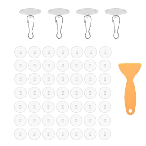 SSKHE Pack of 50 Transparent Self-Adhesive Ceiling Hooks and 1 Small Scraper, Adhesive Hooks Ceiling, Ceiling Mounting Hooks with Flagpole Clips for Bedroom, Bathroom, Kitchen, Bedroom Wall, Carnival von SSKHE