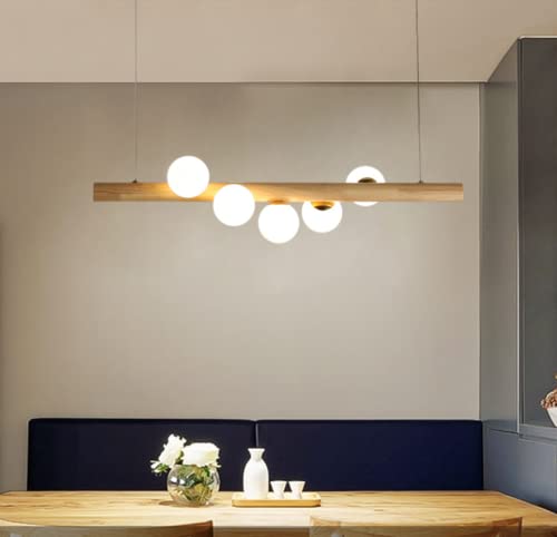 SSNCcNC Pendelleuchte Esstisch Büro Holzlampe Retro/Moderne Design Holz Pendellampe 5 Flammig Glas Kugel Hängeleuchte für Hängelampe Esszimmerlampe Arbeitszimmer Wohnzimmer Kronleuchte G9*5 von SSNCcNC
