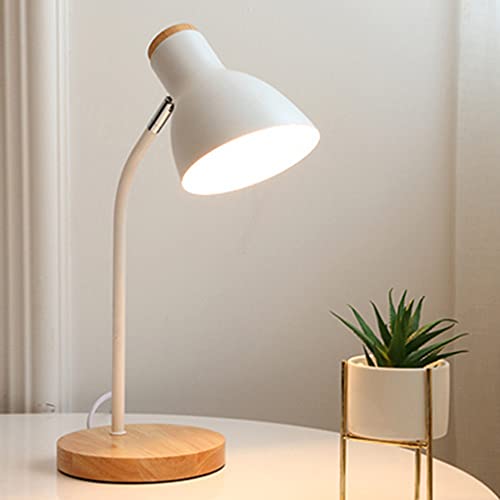 SSNCcNC Weiß, E27 Holz Tischleuchte Verstellbarer Kopf Schreibtischlampen Einfache Vintage Büro Studieren Leseleuchte Retro Kinder Lernlampe Schlafzimmer Nachttischlampe Metall H40*D15CM von SSNCcNC