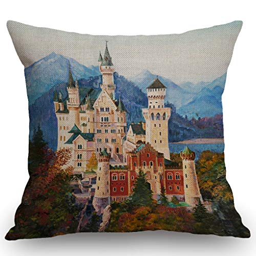 SSOIU Original Ölgemälde des berühmten Schloss Neuschwanstein in Bayern Dekorative Wurfkissenbezüge 45,7 x 45,7 cm Baumwolle Leinen Kissenbezug für Zuhause Couch Sofa Bank Dekor von SSOIU