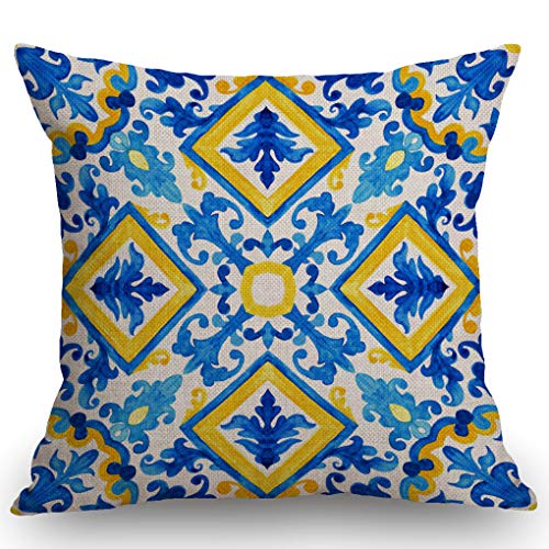 SSOIU Portugiesisches Azulejo-Kachel-Muster, Baumwolle, Leinen, dekorativer Kissenbezug, quadratisch, 45,7 x 45,7 cm von SSOIU