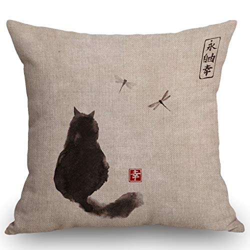 SSOIU Vintage Flauschige Katze und Libelle Traditionelle japanische Tinte Malerei Bauernhaus Dekor Familie Dekoration Schild Baumwolle Leinen Home Dekorative Throw Kissenbezug Sofa Couch 45,7 x cm von SSOIU