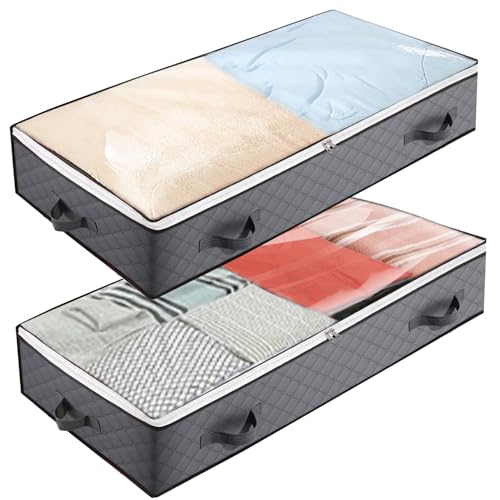 2 Stück 90L Unterbett Aufbewahrungsbox Foldable Underbed Storage Mit Deckel Zipper and Handle Unterbettkommode for Duvets, Cushions, Clothes, Blankets,Bettwäsche,bettdecken von SSZCHWH