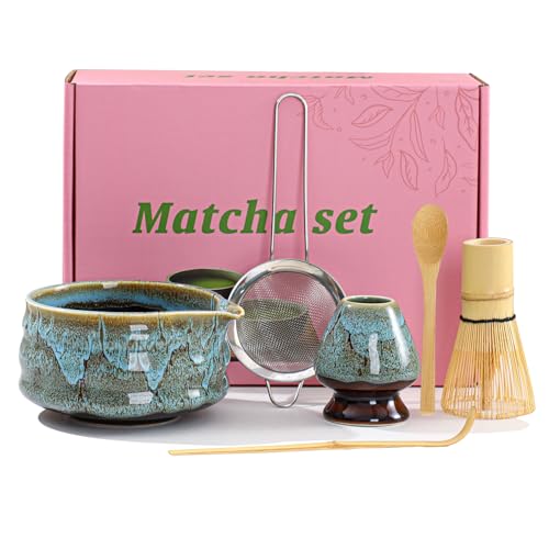 6 Piece Matcha Tea Blau Set,Matcha Besen Set, with Matcha Whisk, Matcha Broom,Matcha Schale,Matcha Bowl with Spout,Matcha Besen Halter,Bamboo Spoon,Perfect Matcha Starter,Japanisches Tee-Set (A) von SSenty