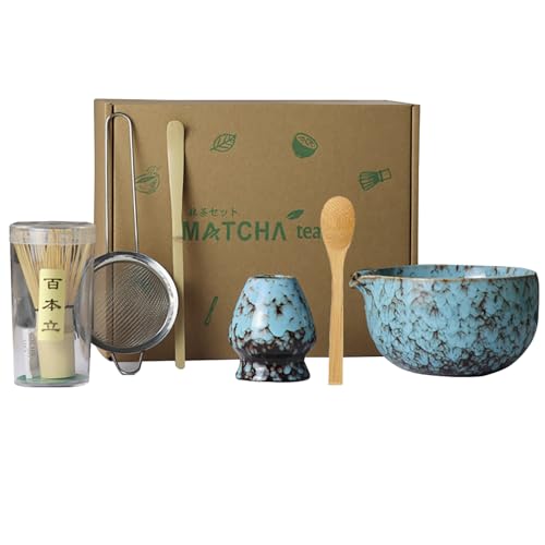Matcha Tea Blau Set,6 Piece Matcha Besen Set, with Matcha Whisk, Matcha Broom,Matcha Schale,Matcha Bowl with Spout,Matcha Besen Halter,Bamboo Spoon,Perfect Matcha Starter,Japanisches Tee-Set (B) von SSenty