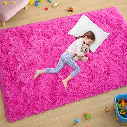 Flauschiger weicher Kinderzimmerteppich, rutschfest, groß, flauschiger Zottelfell-Teppich, moderner Wohnzimmer-Teppich für Kinder, Jungen, Mädchen, Schlafzimmer, Hot Pink, 12 x 15 m von ST. BRIDGE