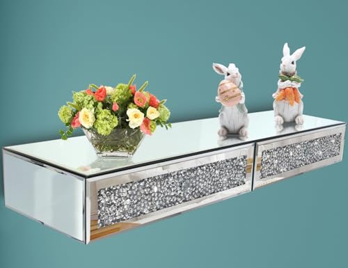 Verspiegeltes Möbel-Wandregal mit 2 Schubladen, Kristall-Diamant-schwebende Vitrine, silberner Spiegel, dekorativer Schminktisch, Wandkunst-Dekor, 71.4 cm Lx21.4 cm Bx10.2 cm H von ST3000