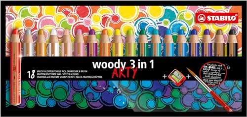 Buntstift, Wasserfarbe & Wachsmalkreide - STABILO woody 3 in 1 - ARTY - 18er Pack mit Spitzer und Pinsel - mit 18 verschiedenen Farben von STABILO