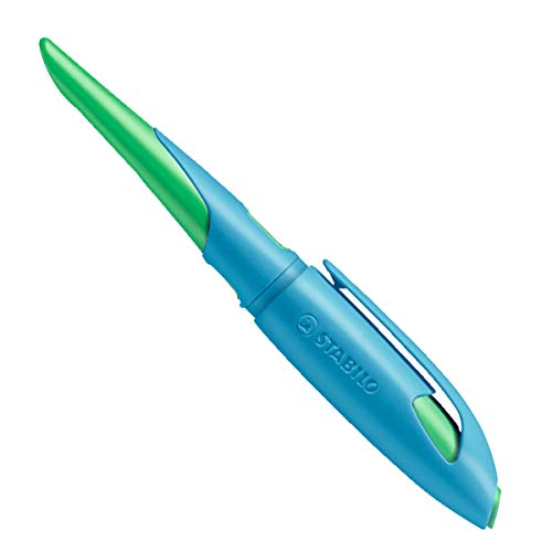 Ergonomischer Schulfüller für Linkshänder mit Standard-Feder M - STABILO EASYbirdy in himmelblau/grasgrün - inkl. Patrone - blau (löschbar) von STABILO