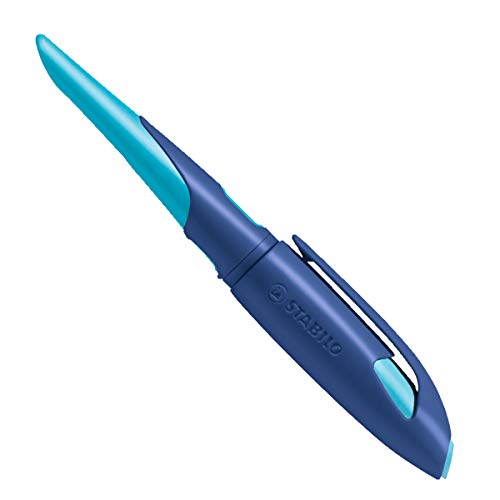 Ergonomischer Schulfüller für Linkshänder mit Standard-Feder M - STABILO EASYbirdy in mitternachtsblau/azur - inkl. Patrone - blau (löschbar) von STABILO