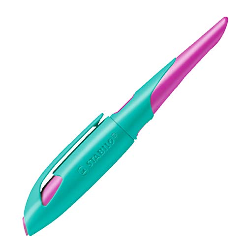 Ergonomischer SchulFüller für Rechtshänder mit Standard-Feder M - STABILO EASYbirdy in türkis/neonpink - inkl. Patrone - blau (löschbar) von STABILO