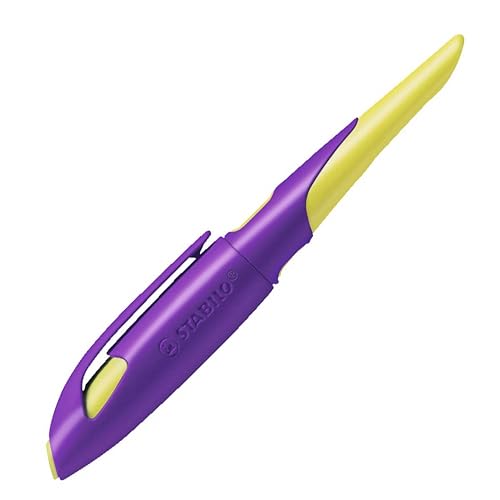 Ergonomischer Schulfüller für Rechtshänder mit Standard-Feder M - STABILO EASYbirdy in violett/gelb - Einzelstift - inklusive Patrone - Schreibfarbe blau (löschbar) von STABILO