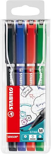 STABILO - Fineliner mit gefederter Spitze - SENSOR M - medium - 4er Pack - schwarz, blau, rot, grün von STABILO
