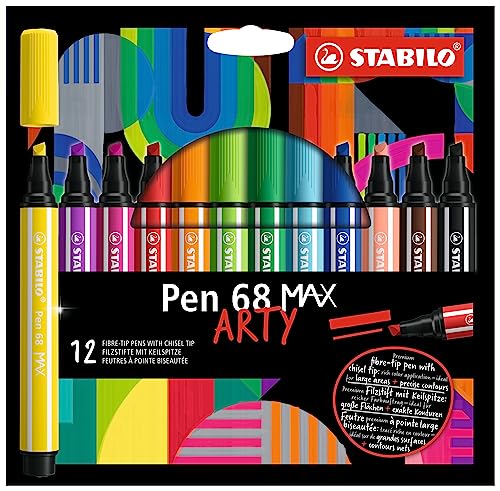 Premium-Filzstift mit dicker Keilspitze - STABILO Pen 68 MAX - ARTY - 12er Pack - mit 12 verschiedenen Farben von STABILO