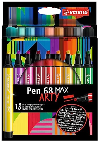 Premium-Filzstift mit dicker Keilspitze - STABILO Pen 68 MAX - ARTY - 18er Pack - mit 18 verschiedenen Farben von STABILO