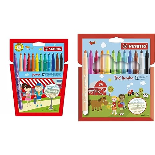 STABILO - Filzstift - power - 12er Pack - mit 12 verschiedenen Farben + Dicker Filzstift - Trio Jumbo - 12er Pack - 12 Farben von STABILO