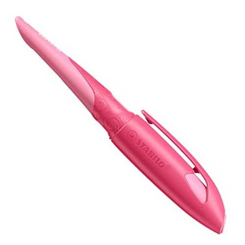 Ergonomischer Schulfüller für Linkshänder mit Anfänger-Feder A - STABILO EASYbirdy 3D Wildlife in rosa - inkl. Patrone - blau (löschbar) von STABILO