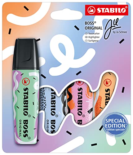 Textmarker - STABILO BOSS ORIGINAL Pastel by Ju Schnee - 4er Pack - Hauch von Minzgrün, wolkenblau, frische Fuchsie, sanftes Orange von STABILO