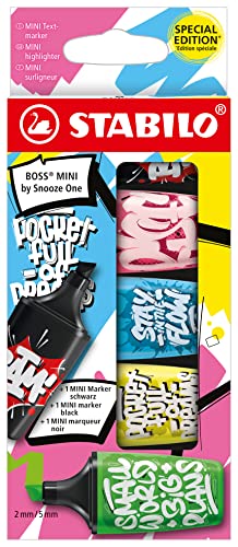 Textmarker & Marker - STABILO BOSS MINI by Snooze One - 5er Pack - pink, blau, gelb, grün & schwarz von STABILO