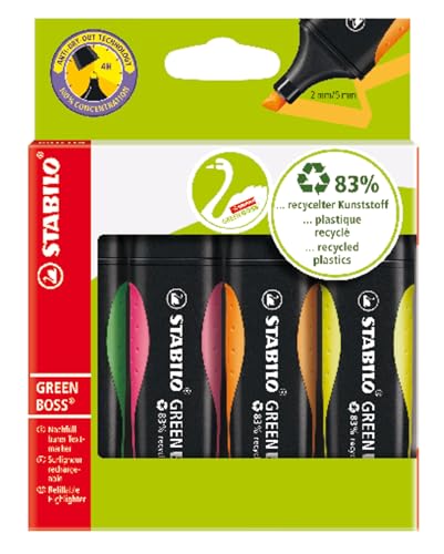 STABILO - Umweltfreundlicher Textmarker - GREEN BOSS - 4er Pack - grün, rosa, orange, gelb von STABILO