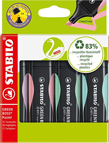 Umweltfreundlicher Textmarker - STABILO GREEN BOSS Pastel - 4er Pack - Hauch von Minzgrün, rosiges Rouge, zartes Türkis und Schimmer von Lila von STABILO