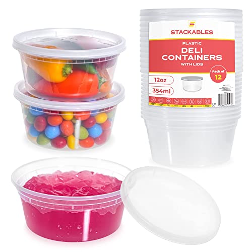 STACKABLES Runde Kunststoff-Lebensmittelbehälter, 354 ml, wiederverwendbar, für Geschirrspüler und Mikrowelle, 354 ml, 12 Stück von STACKABLES