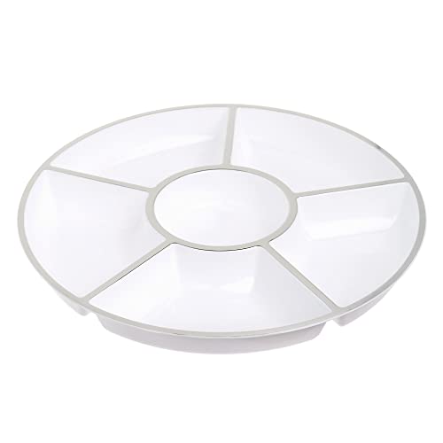STACKABLES ~ 4 Stück weiße Fächer mit silbernem Rand ~ 30,5 cm Servierplatten ~ wiederverwendbares Kunststoff-Serviertablett ~ 6 Abschnittplatten von STACKABLES