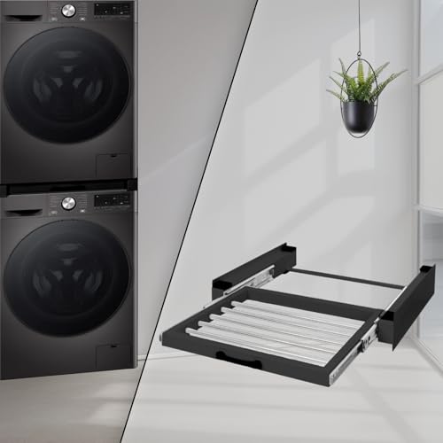STADO® | Verbindungsrahmen mit ausziehbarer Wäscheleine für Waschmaschine und Trockner | Rutschfester Zwischenbausatz Universal Zwischenbaurahmen 60x55cm (Schwarz, Zwischenbaurahmen mit Wäscheleine) von STADO